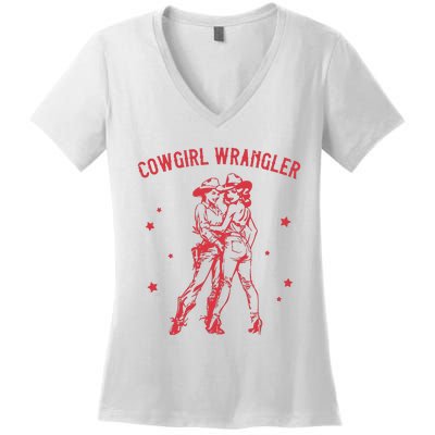 Funny Western Cowgirl Wrangler Lesbian Queer Pride Month Women's V-Neck T-Shirt