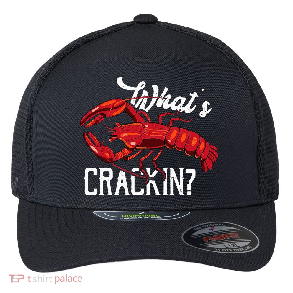 Funny What's Crackin Lobster Summer Vacation Fans Flexfit Unipanel Trucker Cap
