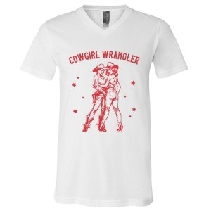 Funny Western Cowgirl Wrangler Lesbian Queer Pride Month V-Neck T-Shirt