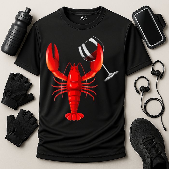 Funny Wine Drinking Lobster Red Crawfish Wine Lovers Gift Cooling Performance Crew T-Shirt