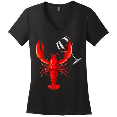 Funny Wine Drinking Lobster Red Crawfish Wine Lovers Gift Women's V-Neck T-Shirt