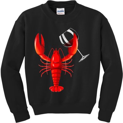 Funny Wine Drinking Lobster Red Crawfish Wine Lovers Gift Kids Sweatshirt
