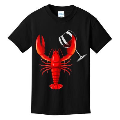 Funny Wine Drinking Lobster Red Crawfish Wine Lovers Gift Kids T-Shirt