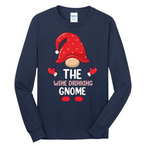 Funny Wine Drinking Gnome Funny Matching Family Christmas Gnome Wine Lover Gift Tall Long Sleeve T-Shirt