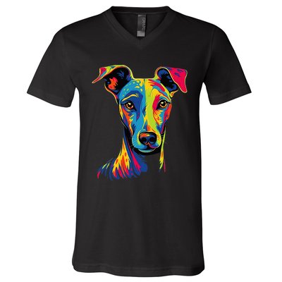 Funny Whippet Dog Mom or Dad Colorful Puppy Art Lover Black V-Neck T-Shirt