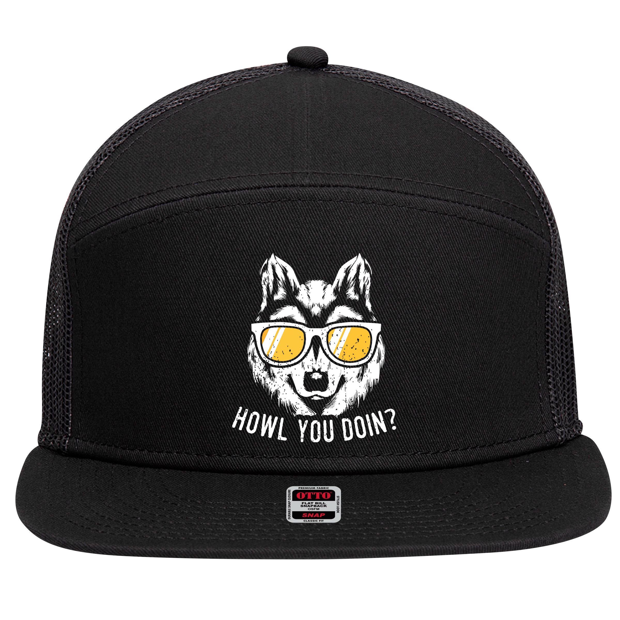Funny Wolf Design Howl You Doin Wolves 7 Panel Mesh Trucker Snapback Hat