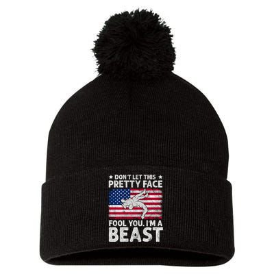 Funny Wrestle DonT Let This Pretty Face Fool You Im A Beast Pom Pom 12in Knit Beanie