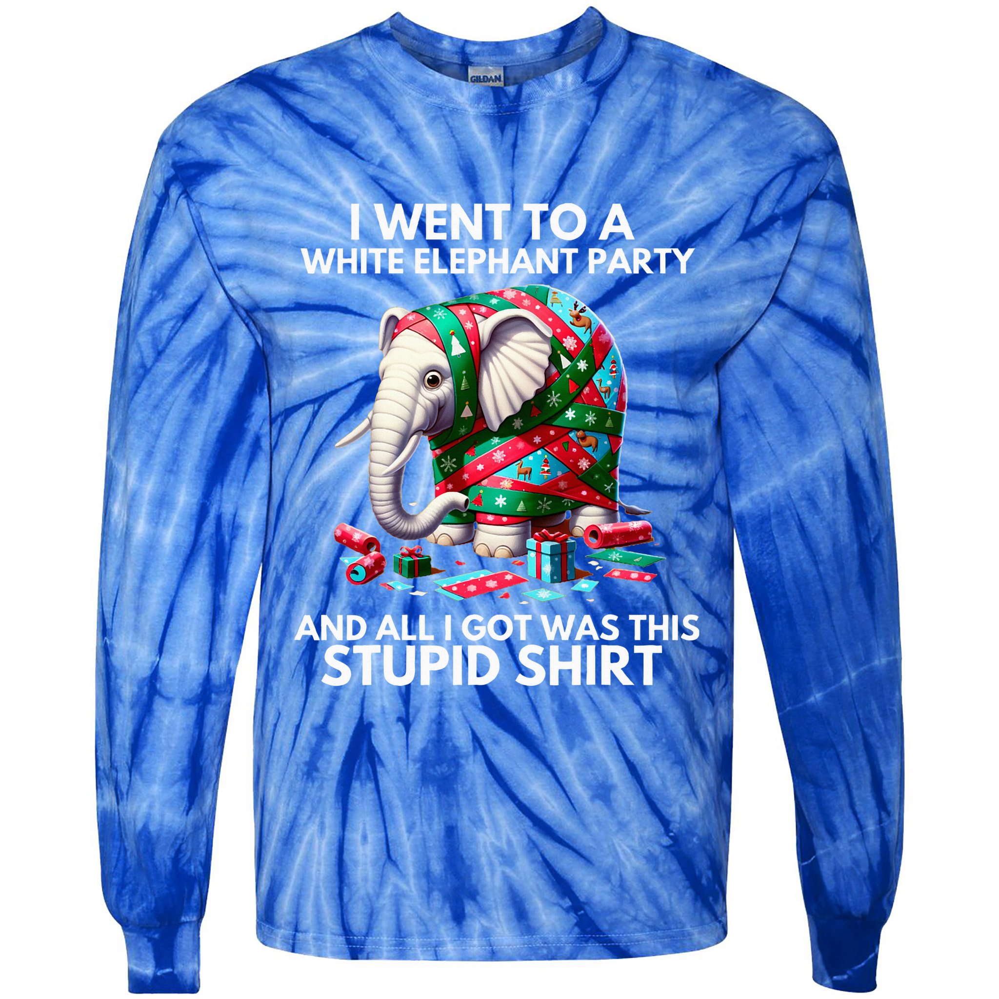 Funny White Elephant Gift Wrapped Elephant Dumb Gift  Tie-Dye Long Sleeve Shirt