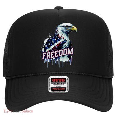 Freedom Watercolor Eagle With American Flag High Crown Mesh Back Trucker Hat