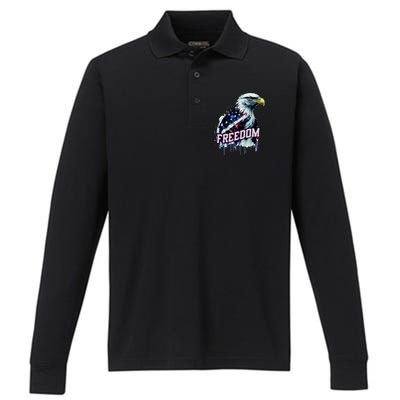 Freedom Watercolor Eagle With American Flag Performance Long Sleeve Polo