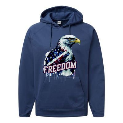 Freedom Watercolor Eagle With American Flag Performance Fleece Hoodie