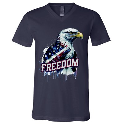 Freedom Watercolor Eagle With American Flag V-Neck T-Shirt