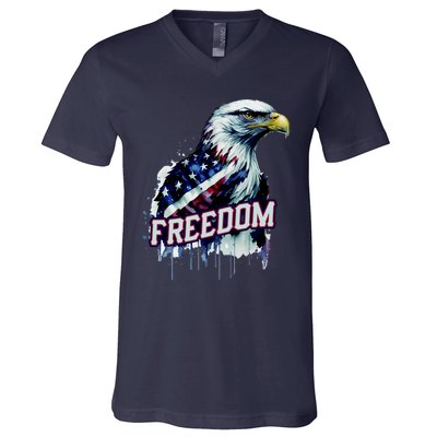 Freedom Watercolor Eagle With American Flag V-Neck T-Shirt