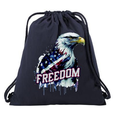 Freedom Watercolor Eagle With American Flag Drawstring Bag