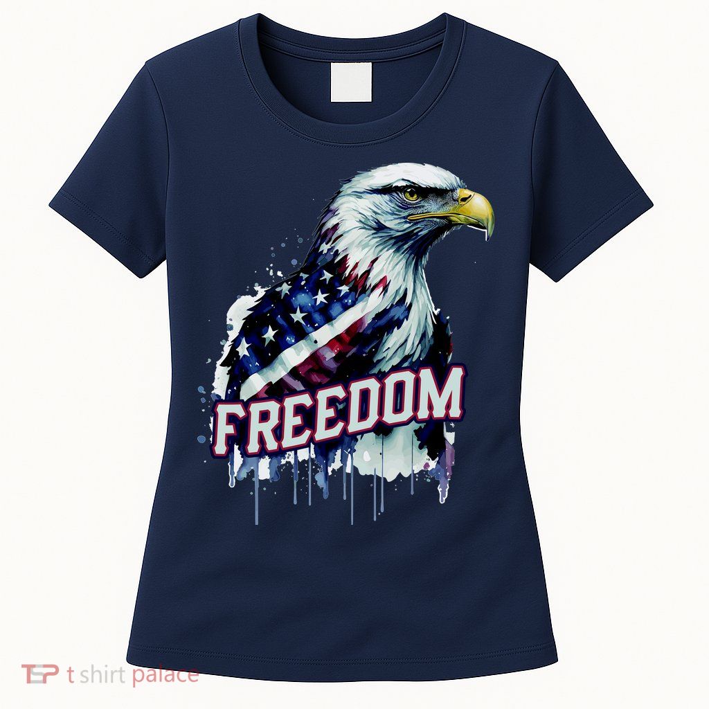 Freedom Watercolor Eagle With American Flag Womens T-Shirt