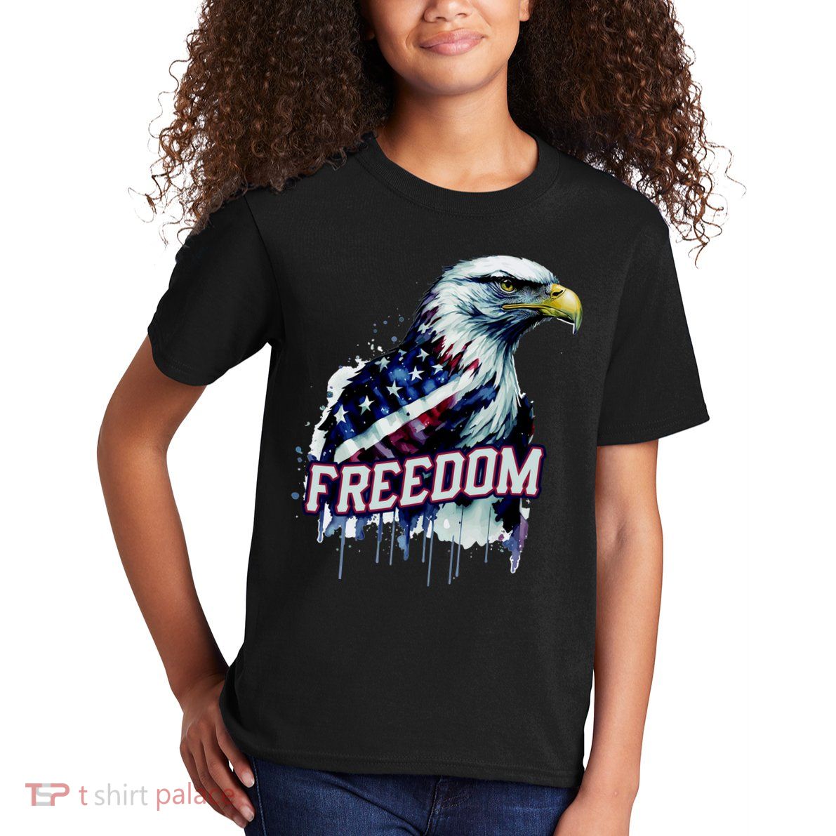 Freedom Watercolor Eagle With American Flag Kids T-Shirt