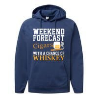 Funny Weekend Forecast Cigars And Whiskey Gift For Men Women Performance Fleece Hoodie