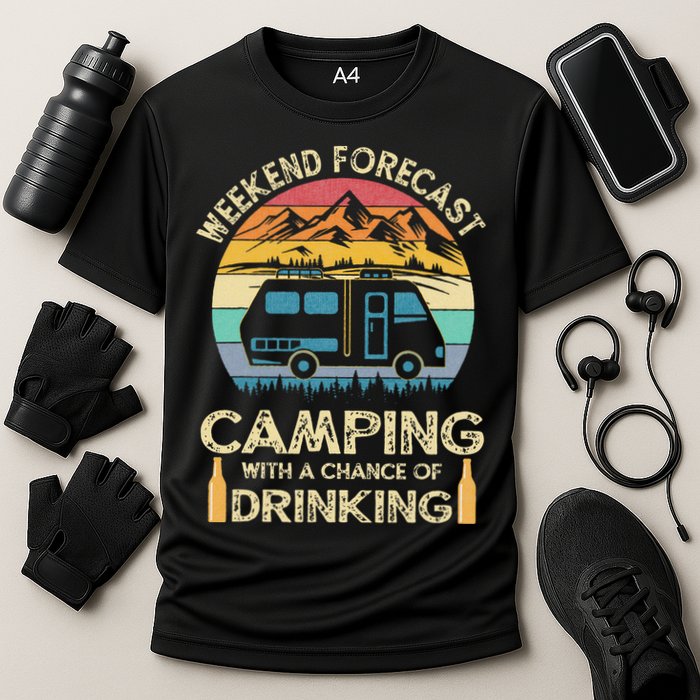 Funny Weekend Forecast Camping With A Chance Of Drinking Cooling Performance Crew T-Shirt