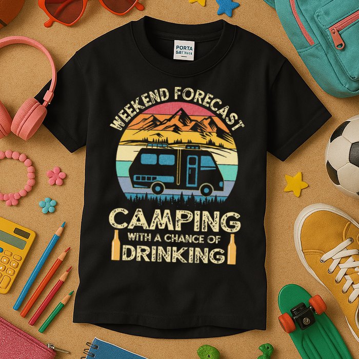 Funny Weekend Forecast Camping With A Chance Of Drinking Kids T-Shirt
