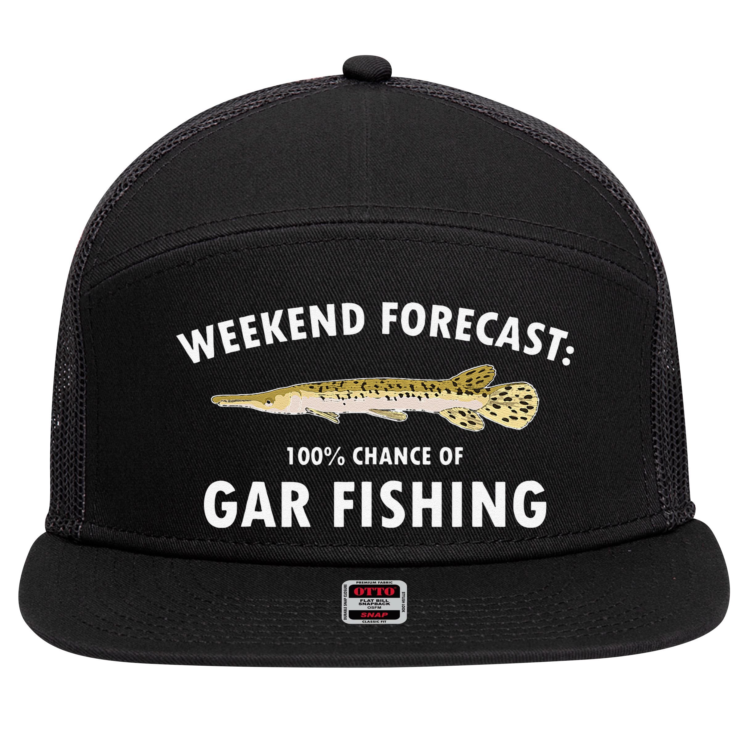 Funny Weekend Forecast Alligator Gar Fishing 7 Panel Mesh Trucker Snapback Hat