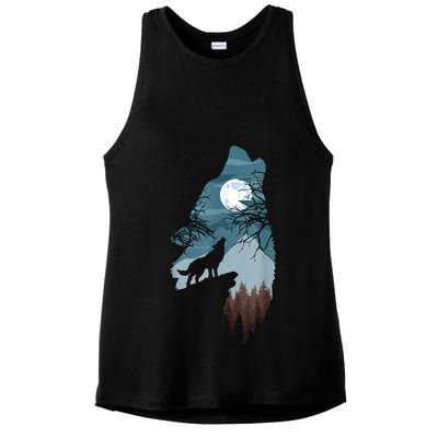 Forest With FullMoon And Cliff Of Silhouette Howling Ladies PosiCharge Tri-Blend Wicking Tank