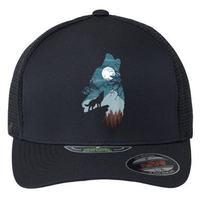 Forest With FullMoon And Cliff Of Silhouette Howling Flexfit Unipanel Trucker Cap