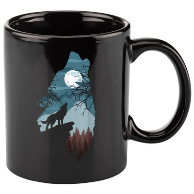 Forest With FullMoon And Cliff Of Silhouette Howling 11oz C Handle Ceramic Mug