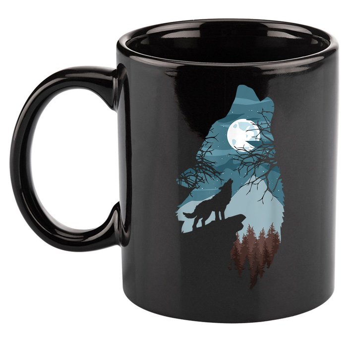 Forest With FullMoon And Cliff Of Silhouette Howling 11oz C Handle Ceramic Mug