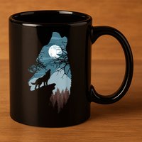 Forest With FullMoon And Cliff Of Silhouette Howling 11oz C Handle Ceramic Mug