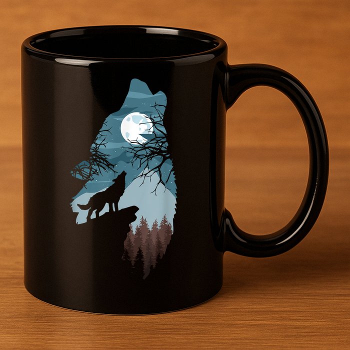 Forest With FullMoon And Cliff Of Silhouette Howling 11oz C Handle Ceramic Mug