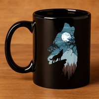 Forest With FullMoon And Cliff Of Silhouette Howling 11oz C Handle Ceramic Mug
