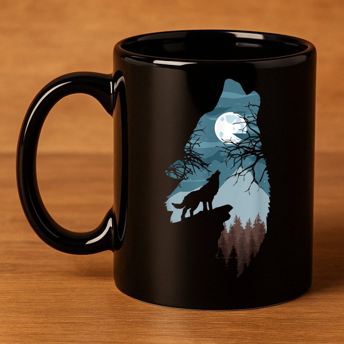 Forest With FullMoon And Cliff Of Silhouette Howling 11oz C Handle Ceramic Mug