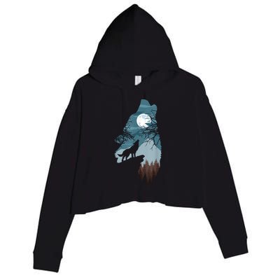 Forest With FullMoon And Cliff Of Silhouette Howling Crop Fleece Hoodie