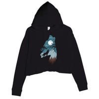 Forest With FullMoon And Cliff Of Silhouette Howling Crop Fleece Hoodie