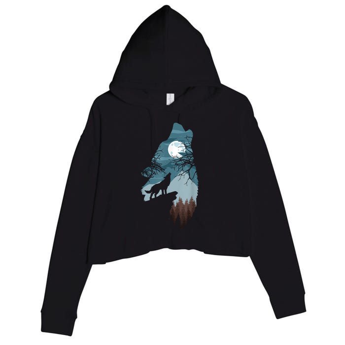 Forest With FullMoon And Cliff Of Silhouette Howling Crop Fleece Hoodie