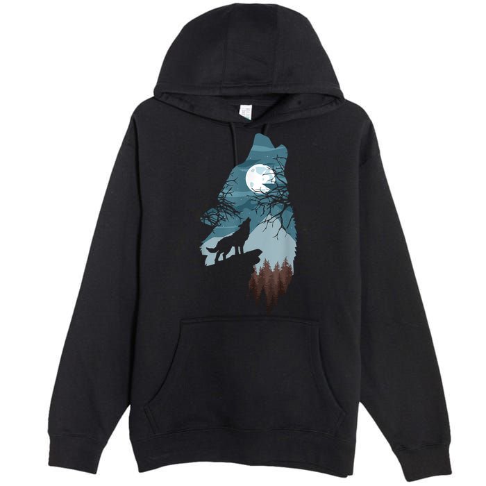 Forest With FullMoon And Cliff Of Silhouette Howling Premium Pullover Hoodie