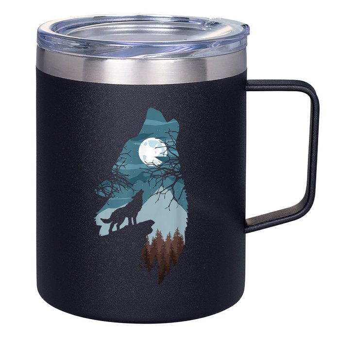 Forest With FullMoon And Cliff Of Silhouette Howling 12oz Stainless Steel Coffee Mug