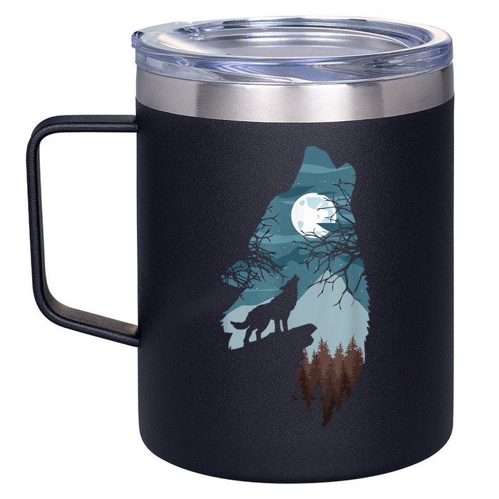 Forest With FullMoon And Cliff Of Silhouette Howling 12oz Stainless Steel Coffee Mug