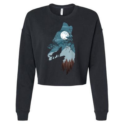 Forest With FullMoon And Cliff Of Silhouette Howling Cropped Pullover Crew