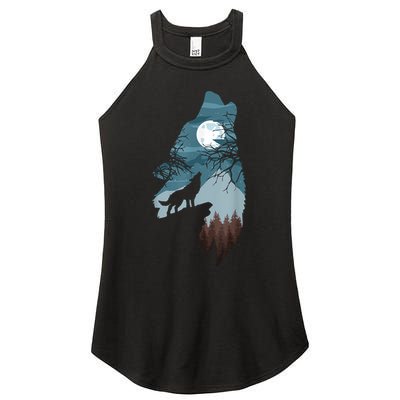 Forest With FullMoon And Cliff Of Silhouette Howling Women's Perfect Tri Rocker Tank