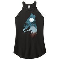 Forest With FullMoon And Cliff Of Silhouette Howling Women's Perfect Tri Rocker Tank