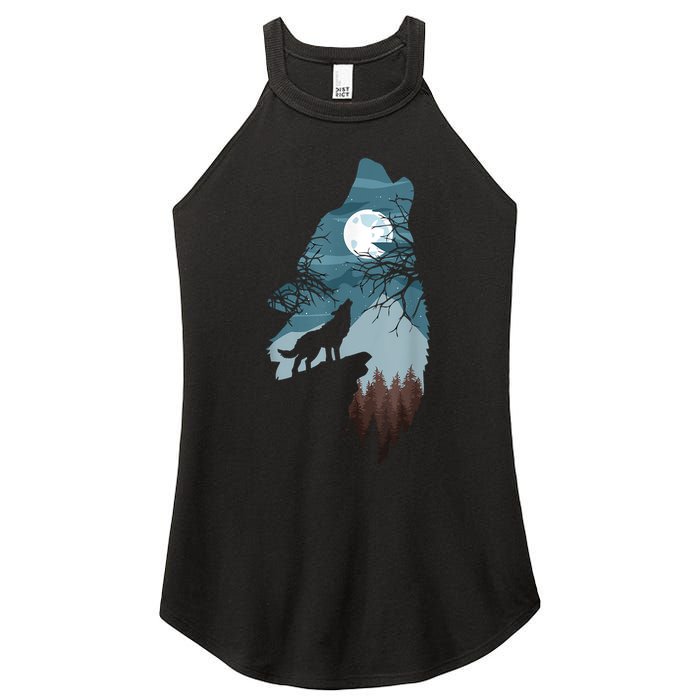 Forest With FullMoon And Cliff Of Silhouette Howling Women's Perfect Tri Rocker Tank