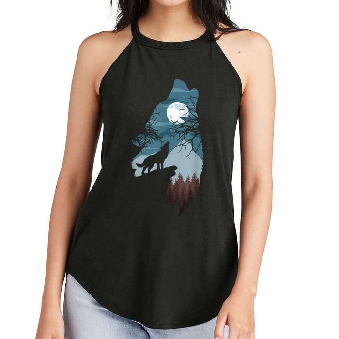 Forest With FullMoon And Cliff Of Silhouette Howling Women's Perfect Tri Rocker Tank