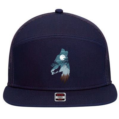 Forest With FullMoon And Cliff Of Silhouette Howling 7 Panel Mesh Trucker Snapback Hat