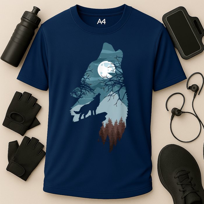 Forest With FullMoon And Cliff Of Silhouette Howling Performance Shirt