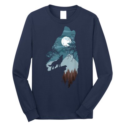 Forest With FullMoon And Cliff Of Silhouette Howling Long Sleeve Shirt