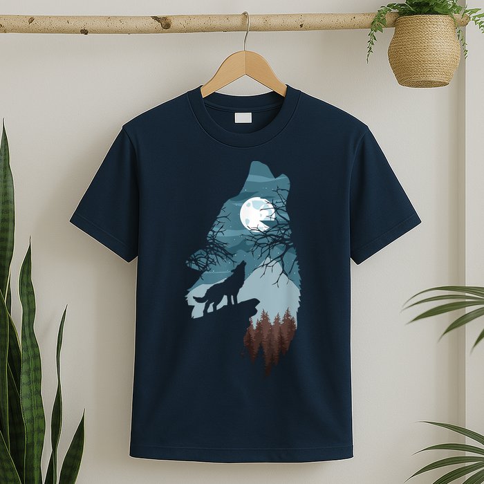 Forest With FullMoon And Cliff Of Silhouette Howling T-Shirt