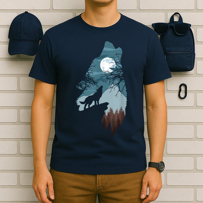 Forest With FullMoon And Cliff Of Silhouette Howling T-Shirt