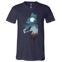 Forest With FullMoon And Cliff Of Silhouette Howling V-Neck T-Shirt