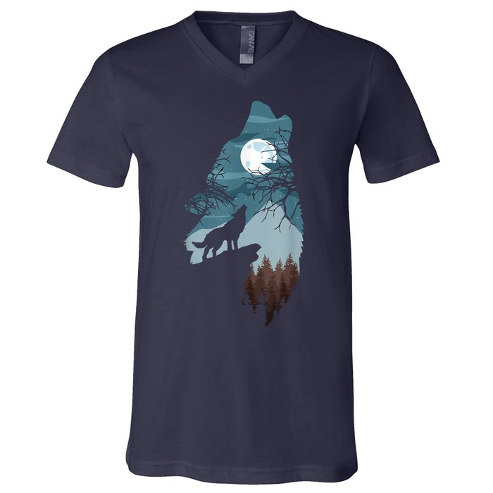 Forest With FullMoon And Cliff Of Silhouette Howling V-Neck T-Shirt